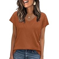 WIHOLL Short Sleeve Sweater for Women Trendy Womens Tops 2025 Summer V Neck T Shirts Cap Sleeve Fall Fashion Travel Outfits Vacation Clothes Ladies Tops Dressy Casual Lightweight Sweaters Caramel M