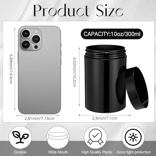 Image of Patelai 4 Pcs Plastic Jars Wide Mouth with Lids,10 Ounce,Pure Black