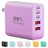 USB C Charger Block, 60W 5-Port Type C Charger Fast Charging Block, USBC USB Multiple Port Wall Charger Plug Adapter for iPhone 17/Air/16/15/14/13/12/11 Pro Max, Samsung Galaxy, iPad, Tablet (Purple)