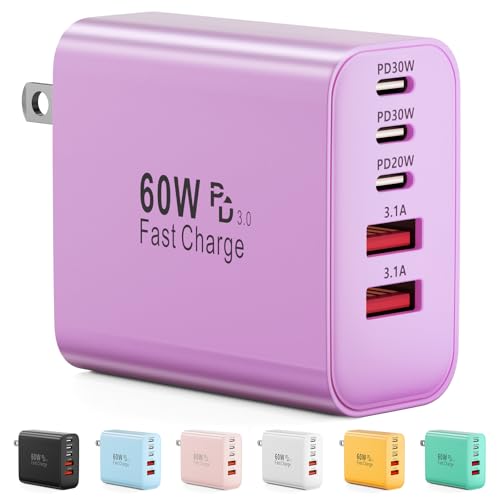 USB C Charger Block, 60W 5-Port Type C Charger Fast Charging Block, USBC USB Multiple Port Wall Charger Plug Adapter for iPhone 17/Air/16/15/14/13/12/11 Pro Max, Samsung Galaxy, iPad, Tablet (Purple)