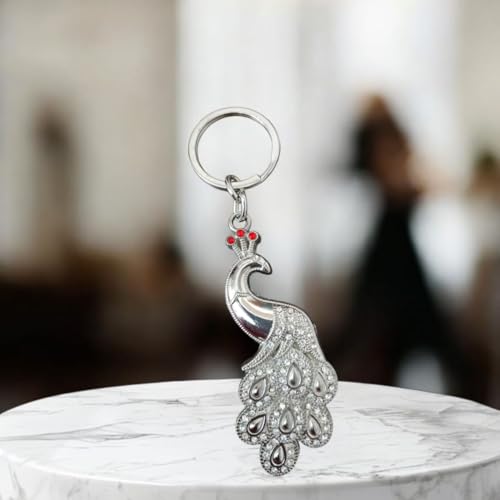 Image of DEBONAIR Decorative Peacock Keyring with Crystal Embellishments, Silver Metal, Red Crown Details