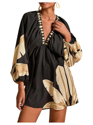 RoseSeek Womens Boho Floral V Neck Mini Dresses Bishop Sleeve Tie Open Back Tropical Dress Multicolor Black Large