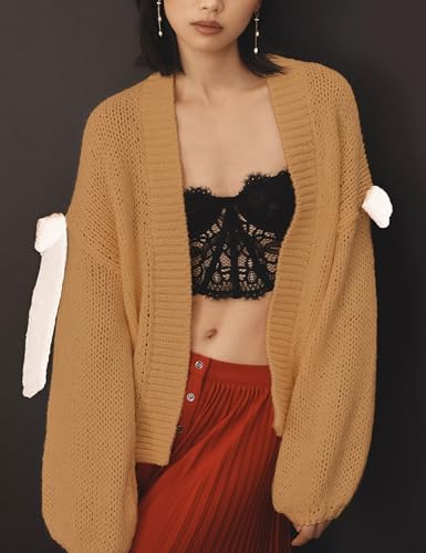 Open Front Sweaters for Women Casual Bow Tie Knit Cardigan Slouchy Chunky Long Sleeve Sweaters Outwear Coat3