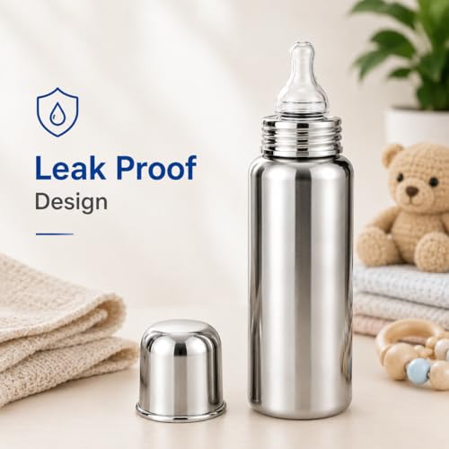 Image of Stainless Steel Baby Feeding Bottle Baby Feeder 250ml BPA Free No Plastic Contact Hygienic Safe Use Soft Silicone Nipple And Leak Resistant Infant Milk Bottle for Newborn & Babies (Silver, 250ml)