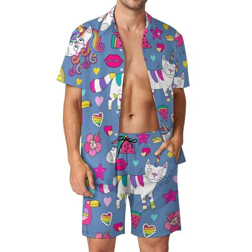 Ensemble Plage Homme avec Chemise Hawaïenne Chat Licorne et Short pour les Vacances d'Été