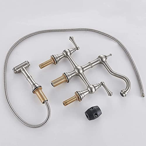 Vccucine Bridge Kitchen Faucet, 4 Hole Kitchen Faucet With Side Sprayer, Antique Brass 8 Inch Centerset 2 Handle Farmhouse Sink Faucet, Stainless Steel Kitchen Faucets For Sink 3 Hole #TOP6