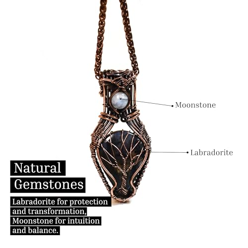 Tree of Life Pendant Necklace – Labradorite & Moonstone, Handcrafted Copper Wire Jewelry, Boho Spiritual Healing Necklace for Women, Unique Gift3