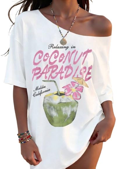 Image of SXV STYLE Women's Casual Letter Print Asymmetric Neck Loose Short Sleeve T-Shirt,