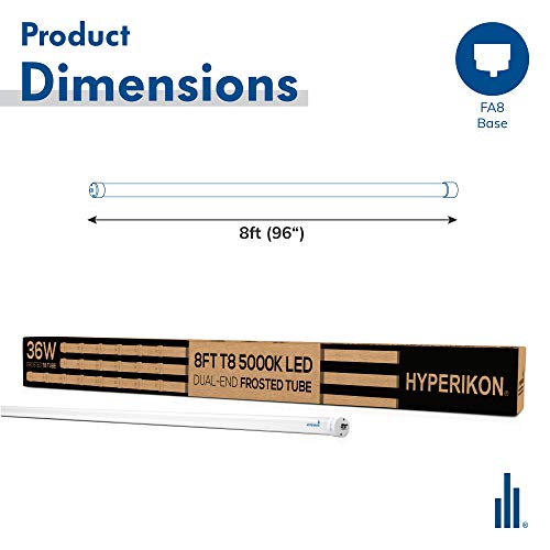 Hyperikon 8 Foot LED Tube, T8 T10 T12 36W=75W, Ballast Bypass, Frosted Lens, UL, Crystal White, 20 Pack