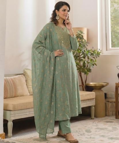 Image of ANNI Designer Women's Viscose Straight Printed Embroidery Kurta with Pant & Dupatta | Long Sleeve Ethnic Kurta Set for Women | Casual Office, Daily, Party Outfits