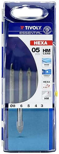 TIVOLY 12000770001 Set of 5 Technic Glass Drills, Diagonal Shank Diameter 3, 4, 5, 6, 8 mm Hex Shank
