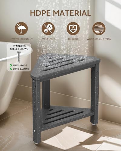 Shower Foot Rest 15in, HDPE Waterproof Shower Stool for Inside Shower, Corner Shower Stool for Shaving Legs with Storage Shelf for Small Space, Shower Step Stool, Plastic Corner Shower Bench, Grey