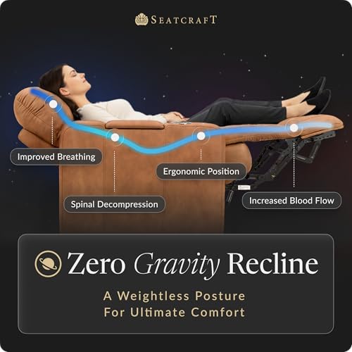 Image of Seatcraft Monterey Tawny Italian Leather Home Theater Seating, Zero Gravity Power Recliner, Gaming and Home Office Chair, Powered Headrest Furniture for Family Cinema Room, Row of 2