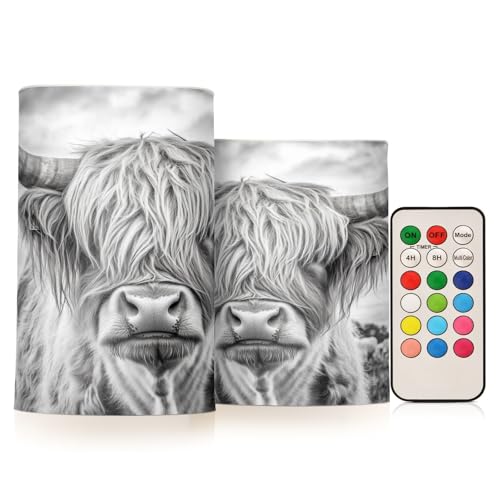 Image of Grey White Highland Cow Pattern Flickering Flameless Candles LED Battery Operated with Remote Timer Pillar Candles for Home Birthday Wedding Christmas Decor, Set of 2