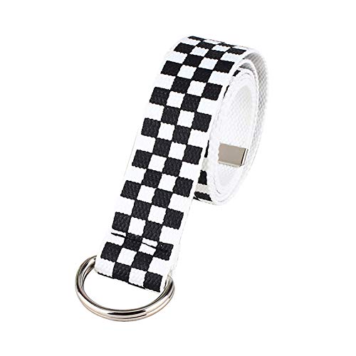 Softmusic Casual Men Women Checkerboard Canvas D Ring Belt Plaid Waist Strap Waistband Clothing Accessories Black