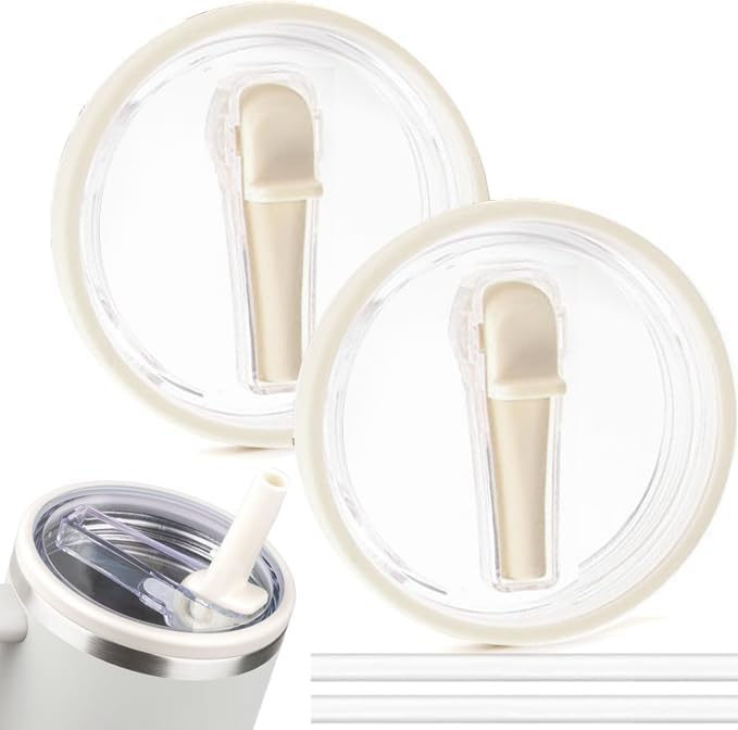 2 Pack 40oz Tumbler Flip Straw Lid Replacement Fit for Stanley Quencher with Straws, Leak Proof Splash Resistant Tumbler Lids for Stanley Cup Accessories Cream White