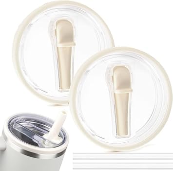 2 Pack 40oz Tumbler Flip Straw Lid Replacement Fit for Stanley Quencher with Straws, Leak Proof Splash Resistant Tumbler Lids for Stanley Cup Accessories Cream White