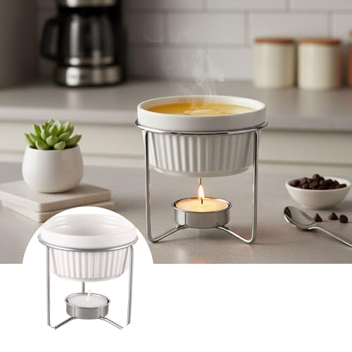 GYBSE Ceramic Butter Warmer for Melting and Fondue - Tea Light Chocolate Pot with Metal Stand