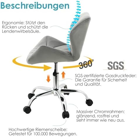 5. Bild von HNNHOME Eris Schreibtischstuhl, moderner, gepolsterter Samt, Drehstuhl, aus Stoff, höhenverstellbar, Grau