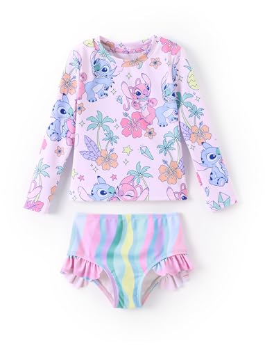 Image of Disney Frozen Elsa Stitch Marvel Toddler Girl Two Piece Long Sleeve UPF50+ Swimsuit Rashguard Sets Bathing Suit