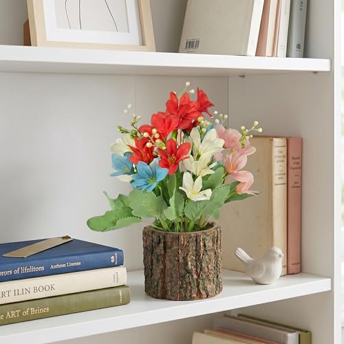 Image of Dekorly Artificial Multi Colour Lily Flower with Real Wooden Vase (28CM Overall Height) | Decorative Lifelike Faux Floral Plant in Rustic Tree Log Pot for Living Room(Mini Lily Flower)