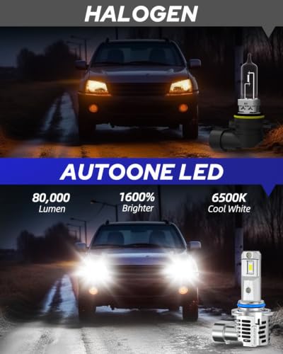 Image of AUTOONE Upgraded 9012 Led Bulbs, 1600% Brightness, 80000LM 6000K Cool White, HIR2 Bulbs Replacement for Cars, Plug and Play (Pack of 2)