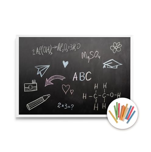 Tulup Lavagna Nera Per Gesso 100x70 cm Lavagna da Parete Incluso con Gessetti Colorati Scrivibile con Gessetti per Casa, Scuola Cornice Bianca di Plastica Dura Verticale e Orizzontale