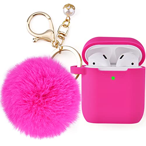 Filoto Compatible with Airpod 2&1 Case Cover, Cute Silicone Protective Accessories Cases/Keychain/Pompom, Best Gift for Girls and Women, Fuchsia Pink