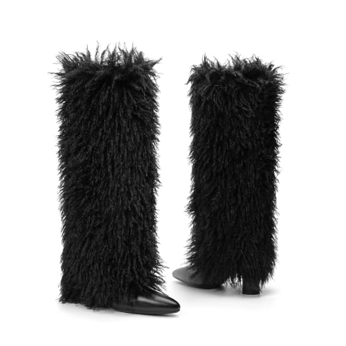 Image of Knee High Boots Women Fold Over Boots Chunky Heel Pointed Toe Tall Boots | Fashion Slouchy Boots,Side Zipper Shark Boots,Fall Spring Winter Fashion Dress Tall Boots,Evening Bridal office Long Boots