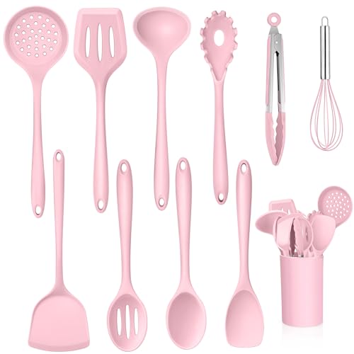 TEAMFAR Küchenhelfer Set, 11 Stück Silikon Rosa Küchenset Küchenutensilien mit Utensilienhalter, Antihaft Hitzebeständiger Kochbesteck Kochutensilien Set für Kochen, Gesund, Leicht zu Reinigen
