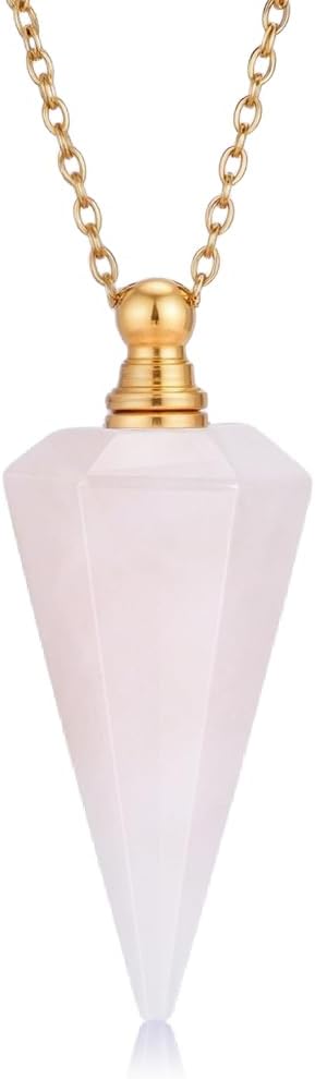 PH PandaHall Rose Quartz Essential Oil Diffuser Vial Necklace Faceted Cone Perfume Bottle Pendant Charm Hexagonal Pointed Crystal Pendants with Golden Cable Chain Pink Stone Necklace for Women Jewelry