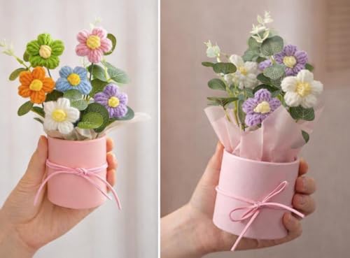 VRB Dec 2 pcs Artificial Crochet Flower Bouquet/Artificial Flowers Bunch/Crochet Flower/Flowers Bouquet Gift for Girls Home Decor,Gifting,etc. (2 Pcs Lavender & Multicolor Daisy Bouquet)