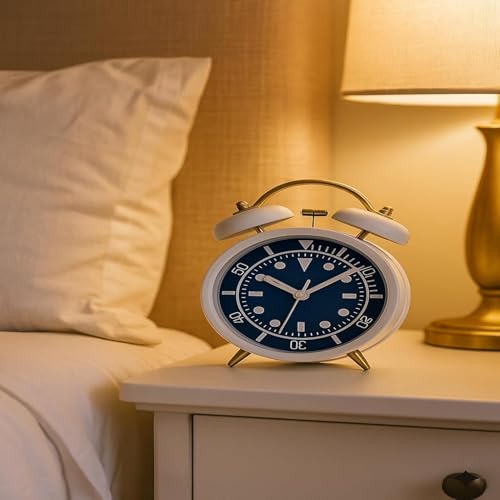 Image of STL Retro Twin Bell Alarm Clock with Night LED | Loud Bedside Alarm, Non-Ticking Silent Sweep, Metal Frame Table Clock for Students, Bedroom & Office (Sky Blue & White)