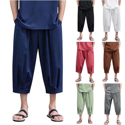 Cotton Linen Harem Capri Pants for Mens Summer Quick Dry Breathable Beach Yoga Trousers Casual Baggy Sports Shorts Gray
