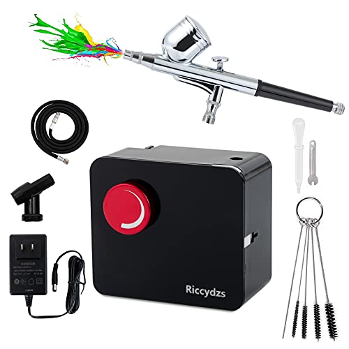 エアブラシ ミニコンプレッサーセット 45psi ダブルアクション オートスイッチ版 0~45psi無段階圧力調整 自動電源ON/OFF 口径0.4mm カップ7cc エアホース付き ホビー 塗装用 絵画 DIY 日本語説明書 Riccydzs
