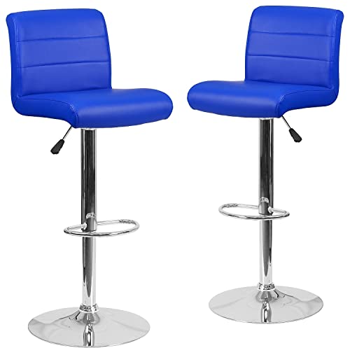 Flash Furniture Marietta 2 Pk. Contemporary Blue Vinyl Adjustable Height Barstool with Rolled Seat and Chrome Base