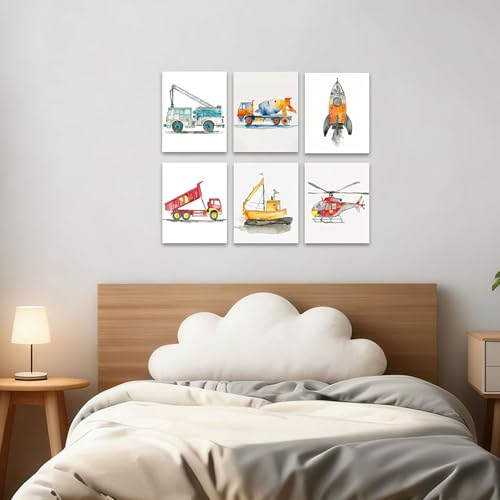 Image of Frimeeme Car Wall Art Boys Room Canvas Wall Decor Nursery Prints, Unframed | Kids Decor with Airplanes, Rockets & Ships for Boys' Nursery, Bedroom & Playroom, 8x10 Inches, Set of 6