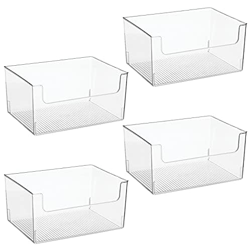 Large Modern Plastic Open Front Dip Storage Organiser Bin Basket for Kitchen Organisation - Shelf, Cupboard, Cabinet, and Pantry Organising Decor - Ligne Collection - 4 Pack - Clear