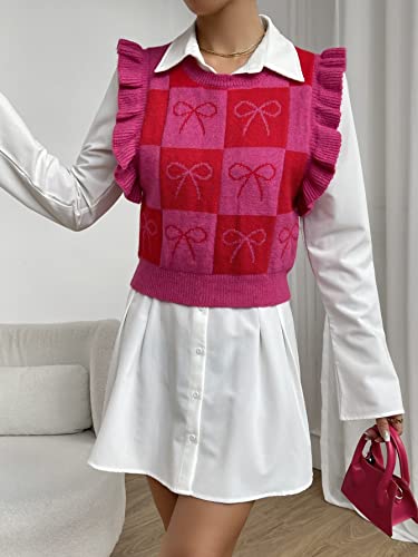 Floerns Women's Checker Print Color Block Ruffle Trim Sweater Vest Hot Pink M #TOP2