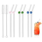 6-Pack Sea Shell Design Glass Straws - Shatter Resistant Reusable Drinking Straws with 2 Brushes, Elegant Beach Ocean Theme Drinkware for Party Wedding Favors (Blue Pink Green)