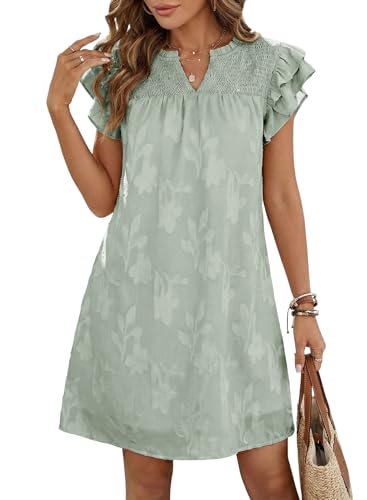 Image of Dokotoo Womens Summer Dresses 2026 Ruffle Short Sleeve Casual V Neck Smocked Floral Burnout Mini Dress Sundress