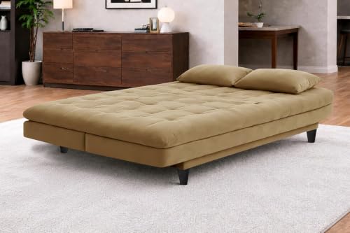 Image of Rosebell Modern Wooden 3-Seater Sofa Cum Bed Foldable Velevt Fabric Sofa for Living Room, Guest Room & Office-Golden-Color