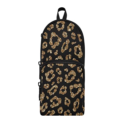 Image of Gold Glitter Leopard Black Pencil Case Big Capacity Pen Bag with Compartment Students Schoolbag Shape Stationery Organizer Pencil Pouch Marker Case for School Office Work