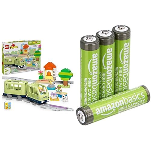 LEGO Duplo Tren Aventura Interactivo, 14 vías/Sonido, 2+ años, 10427, & Pilas AAA Recargables Amazon Basics 4 unid, 850mAh