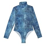 Amooorous Body de manga larga con fondo azul vaquero lavado para mujer, leotardo para mujer, lindo tops para mujer, cuello alto, talla M, Fondo azul vaquero lavado, Medium