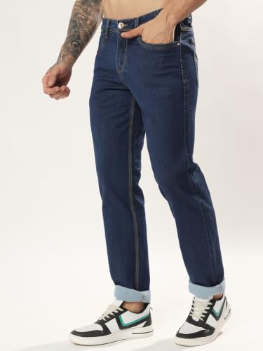 Image of Cotton Comfort Fit Jeans for Men | Full-Length Solid Denim Pants with Button Closure, Embroidered Design, Mid-Rise Casual Trousers for Daily | Classic Jeans for Office Bottoms (DI-249)
