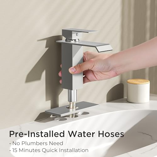 FORIOUS Bathroom Faucet Brushd Nickel Modern Waterfall Bathroom Sink Faucet 1 or 3 Hole Single Handle with Deck Plate and Drain, Suitable for Vanity Rv Camper Commerical thumbnail 4
