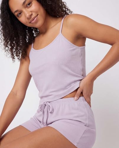 Image of Real Essentials 2 Pack: Women's Ribbed Cropped Cami and Short Set Pajama Sleep Lounge Sleepwear PJ Soft Drawstring Shorts