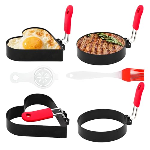 4 moldes para huevos fritos IEMIEBSHA de acero inoxidable para la sartén, anillo de huevo antiadherente con asas plegables, pincel de aceite de silicona y separador de huevos, anillos redondos para