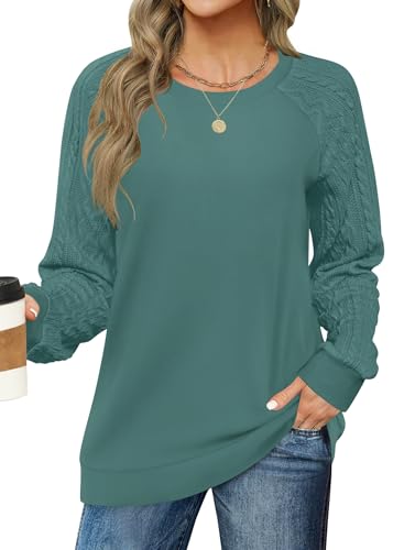 Image of LOMON Long Sleeve Shirts for Women Dressy Casual Crewneck Cable Knit Sleeve Sweaters Lightweight Pullover Tunic Tops